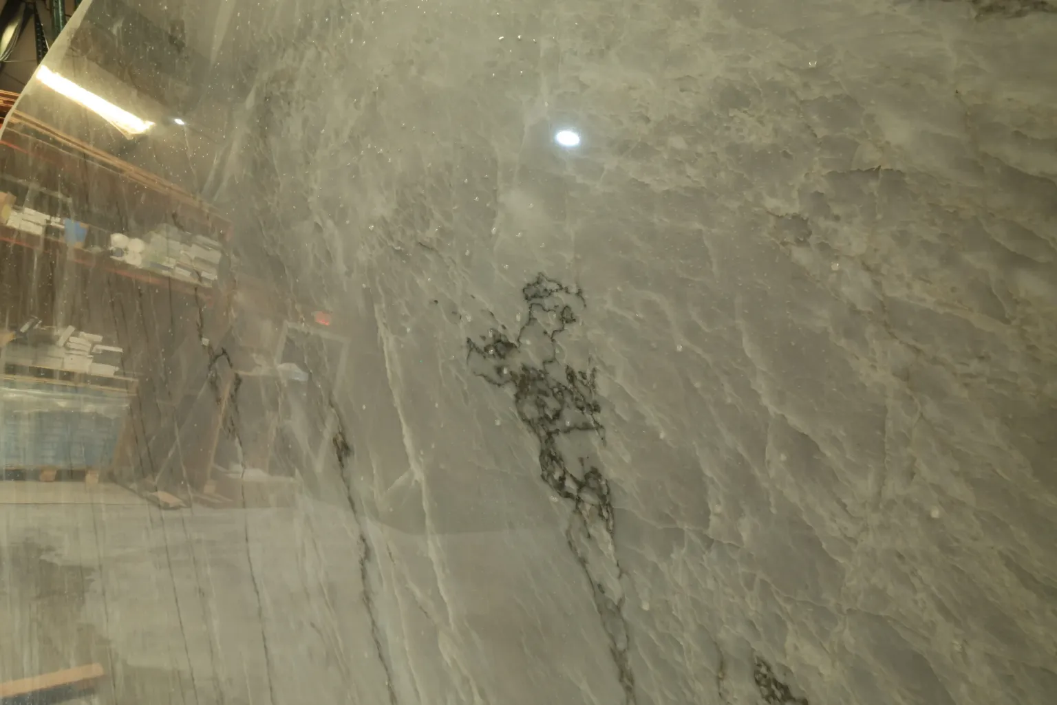 Polished Sea Pearl quartzite slab in the Stonhaus warehouse, gray with fine light veining and a dark vein cluster