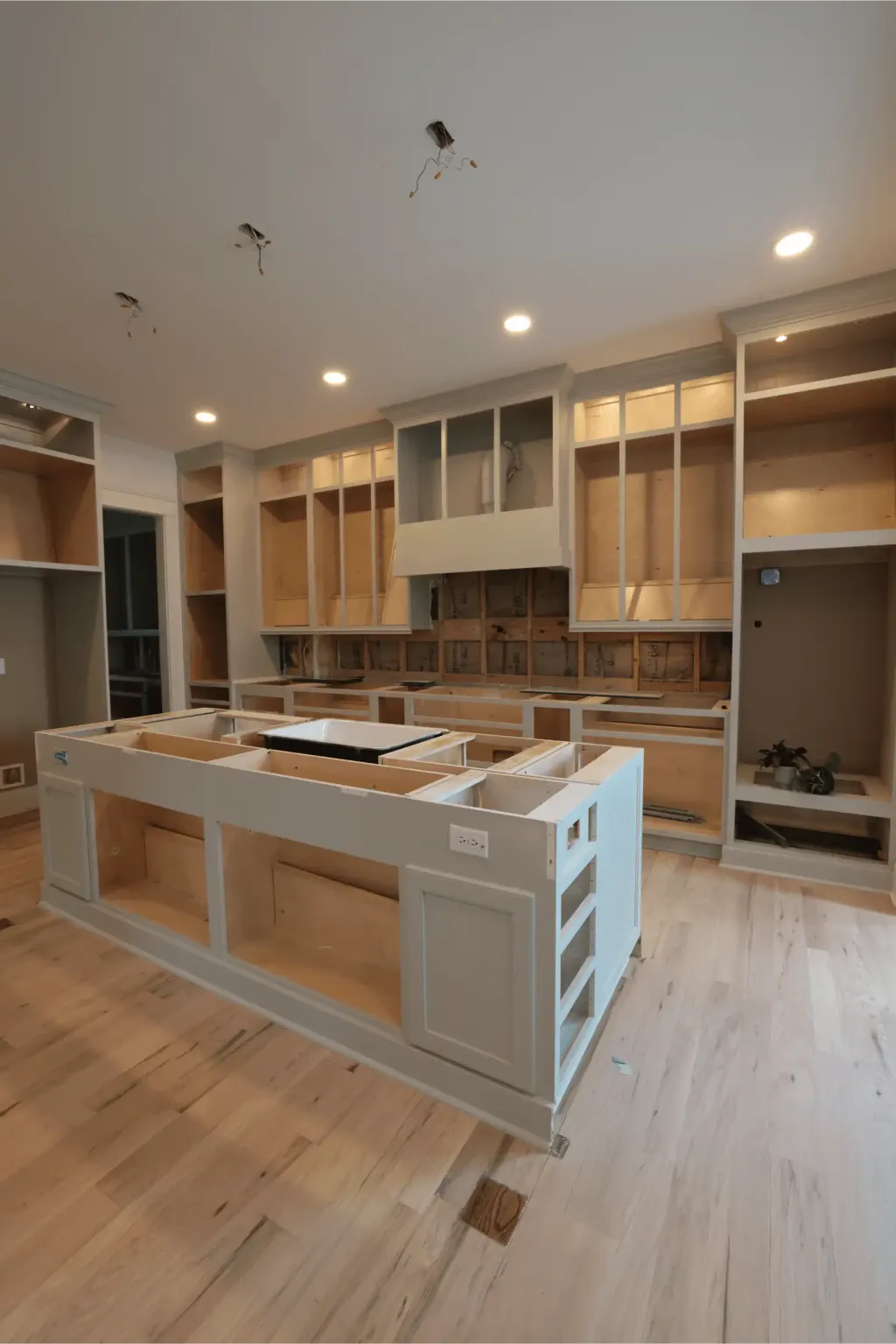 Sage Kitchen project with a painted island and base cabinets set and leveled, open at the top and ready for the stone countertops